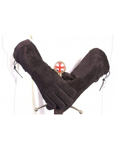 Guantes medievales, largos, de cuero-serraje. Marrón.