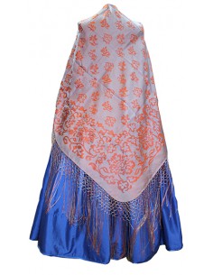 Mantoncillo de gro, ref. PS1128. (Seda natural). (Plata-naranja). (155 x 155 cm.)
