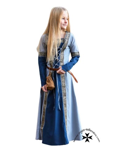 Vestido medieval de niña, modelo Marlene, azul. Manga larga.