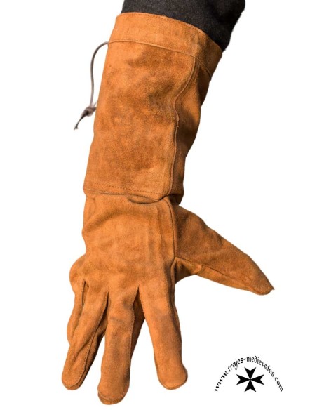 Guantes medievales, largos, de cuero-serraje. Marrón y negro.