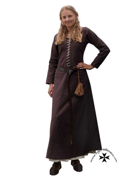 Vestido medieval Ava, manga larga. Marrón.
