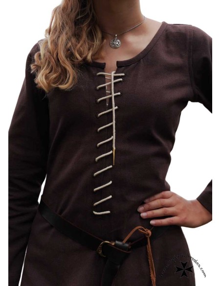 Vestido medieval Ava, manga larga. Marrón, detalle