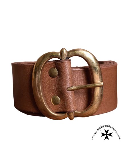 Leather Belt with Brass Buckle, brown, approx. 135 cm