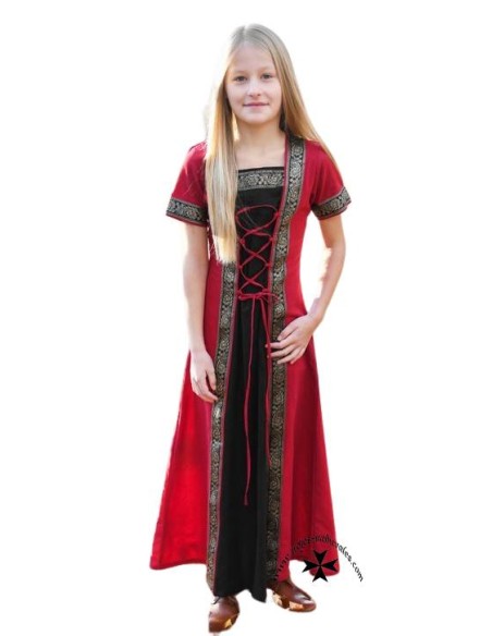 Medieval girl's dress, Eleanor model, red. Short sleeves.
