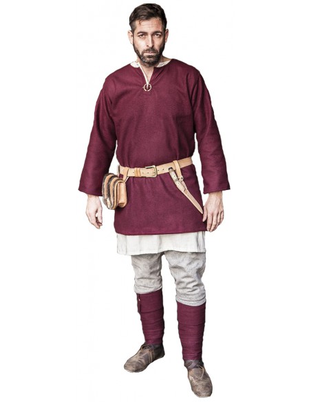 Túnica medieval, corta, de lana, Ludwig, granate.