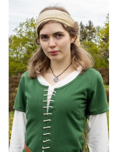 Vestido medieval Ava, manga larga. Verde, detalle.