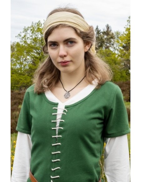 Vestido medieval Ava, manga larga. Verde, detalle.