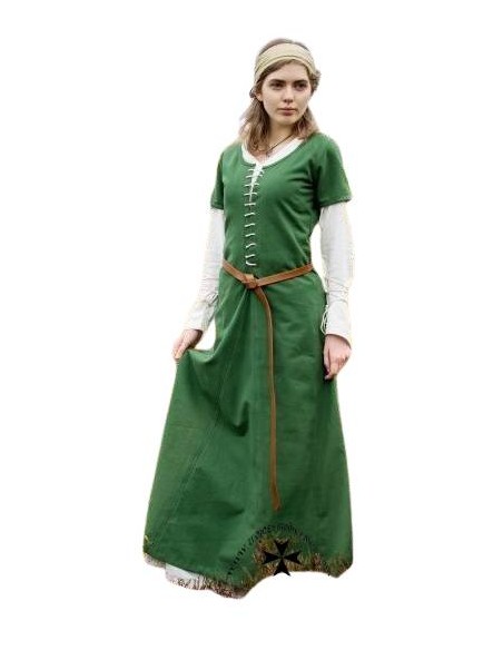 Vestido medieval Ava, manga larga, verde.