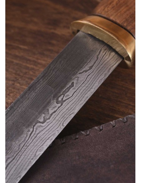 Cuchillo Seax con hoja de acero de Damasco y funda de ante marrón