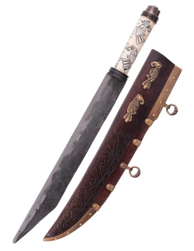 Seax largo vikingo, empuñadura de hueso Hugin y...