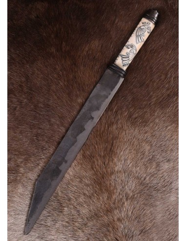 Seax largo vikingo, empuñadura de hueso Hugin y...