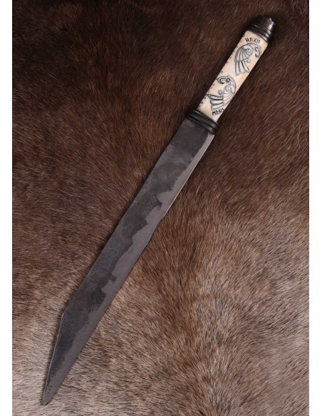 Seax largo vikingo, empuñadura de hueso Hugin y Munin