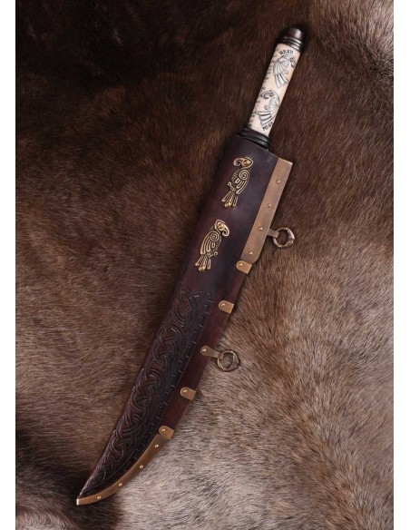 Seax largo vikingo, empuñadura de hueso Hugin y Munin