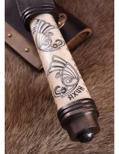 Seax largo vikingo, empuñadura de hueso Hugin y...