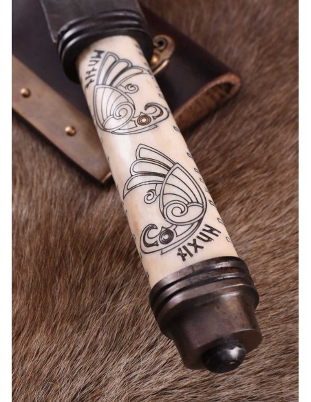 Seax largo vikingo, empuñadura de hueso Hugin y Munin