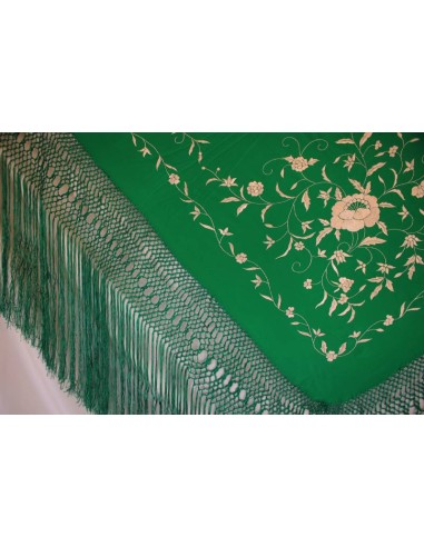 Mantón de Manila, serie 1010621N, (Verde-oro). Detalle enrejado y fleco.