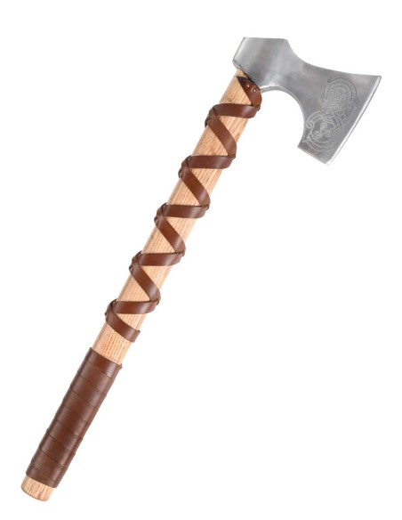 Hacha vikinga de acero fundido, tipo D, con grabado y envoltura de cuero