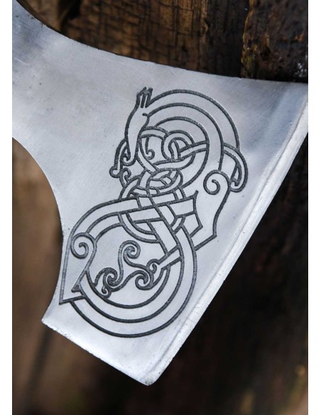 Hacha vikinga de acero fundido, tipo D, con grabado y envoltura de cuero