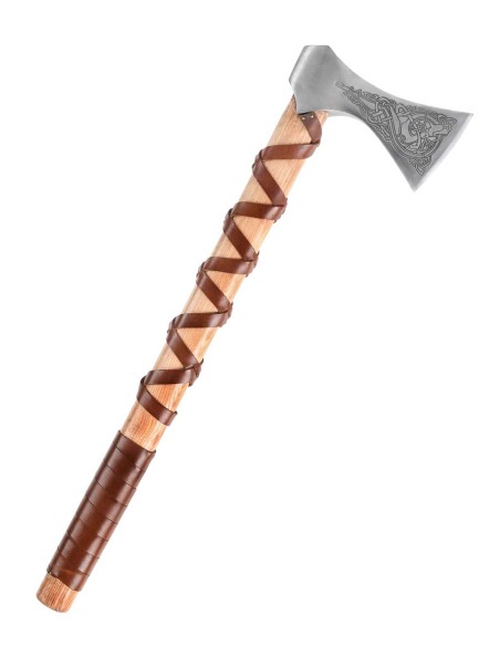 Hacha vikinga de acero fundido, tipo K, con grabado y envoltura de cuero