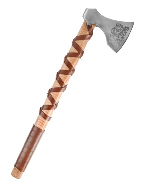 Hacha vikinga de acero fundido, tipo E, con grabado y envoltura de cuero
