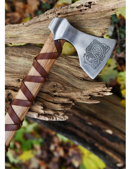 Hacha vikinga de acero fundido, tipo E, con grabado y envoltura de cuero