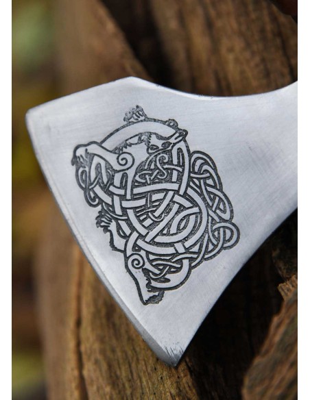 Hacha vikinga de acero fundido, tipo E, con grabado y envoltura de cuero
