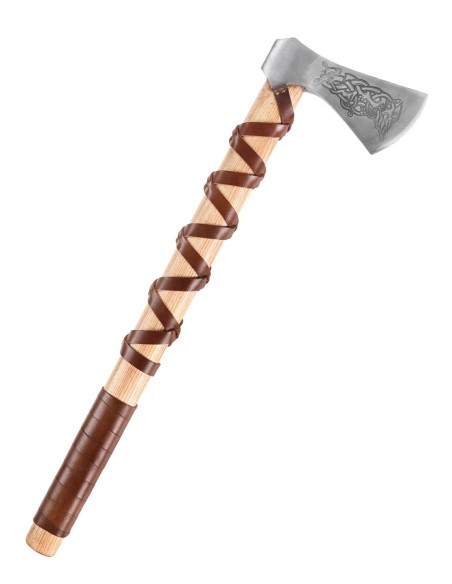 Hacha vikinga de acero fundido, tipo L, con grabado y envoltura de cuero