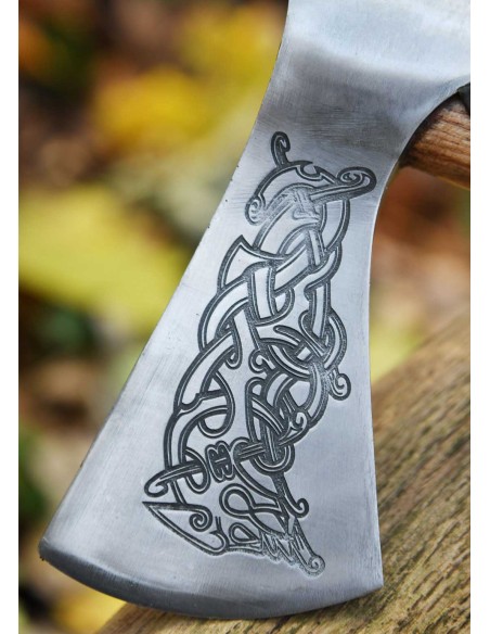 Hacha vikinga de acero fundido, tipo L, con grabado y envoltura de cuero