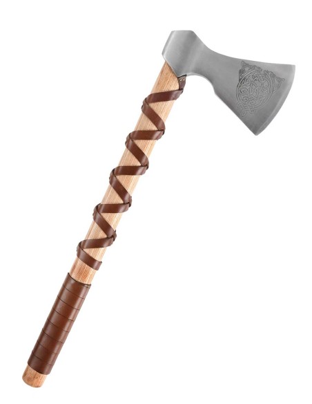 Hacha vikinga de acero fundido, tipo F, con grabado y envoltura de cuero