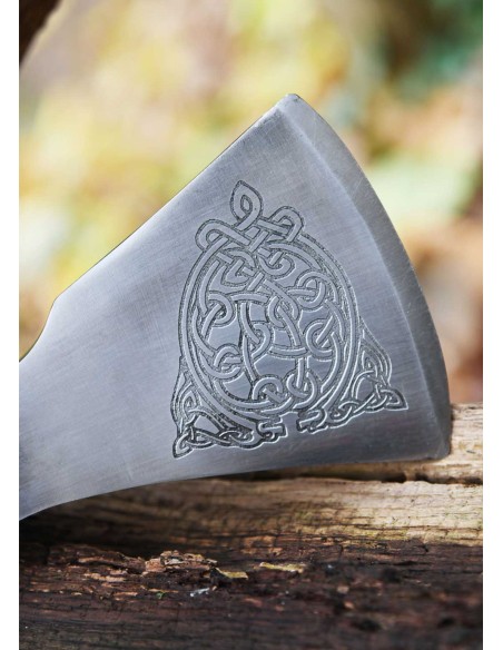 Hacha vikinga de acero fundido, tipo F, con grabado y envoltura de cuero