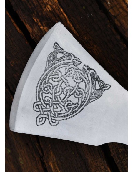 Hacha vikinga de acero fundido, tipo F, con grabado y envoltura de cuero