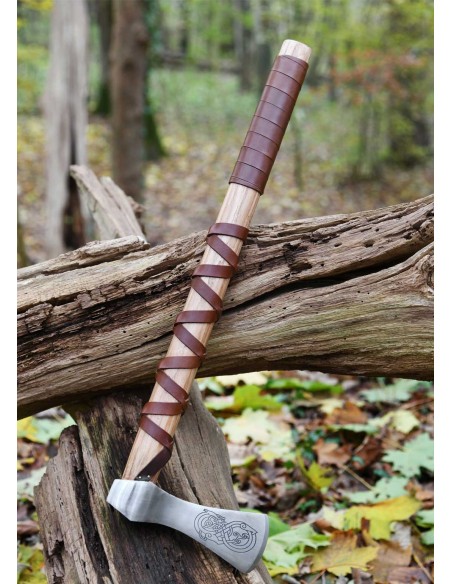 Hacha vikinga de acero fundido, tipo A, con grabado y envoltura de cuero