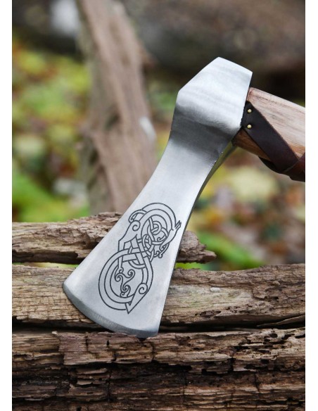 Hacha vikinga de acero fundido, tipo A, con grabado y envoltura de cuero