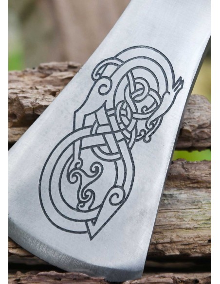 Hacha vikinga de acero fundido, tipo A, con grabado y envoltura de cuero