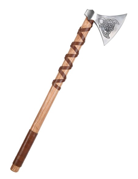Hacha vikinga de acero fundido, tipo M, con grabado y envoltura de cuero