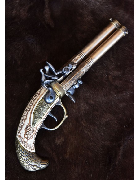 Pistola de chispa con cañón triple, modelo Augsburgo 1775, latón, réplica