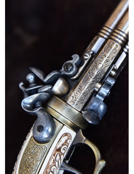 Pistola de chispa con cañón triple, modelo Augsburgo 1775, latón, réplica