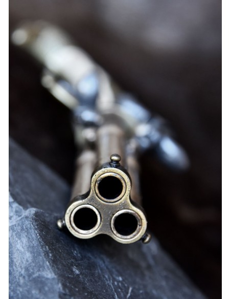 Pistola de chispa con cañón triple, modelo Augsburgo 1775, latón, réplica
