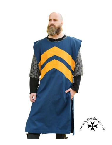 Tabardo medieval con rayas, azul y amarillo