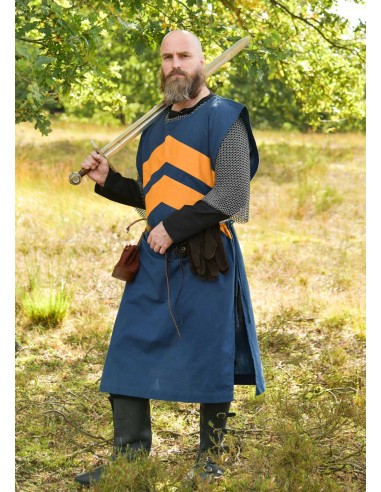 Tabardo medieval con rayas, azul y amarillo