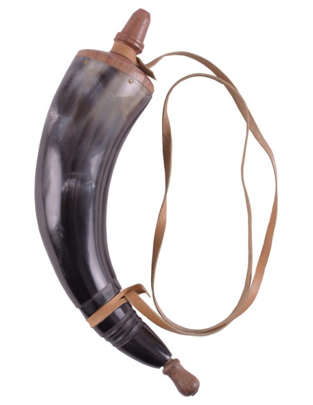 Cuerno de pólvora con correas de cuero